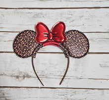 Load image into Gallery viewer, Interchangeable Ears with Bow - Cheetah Print with Red Shimmer Bow
