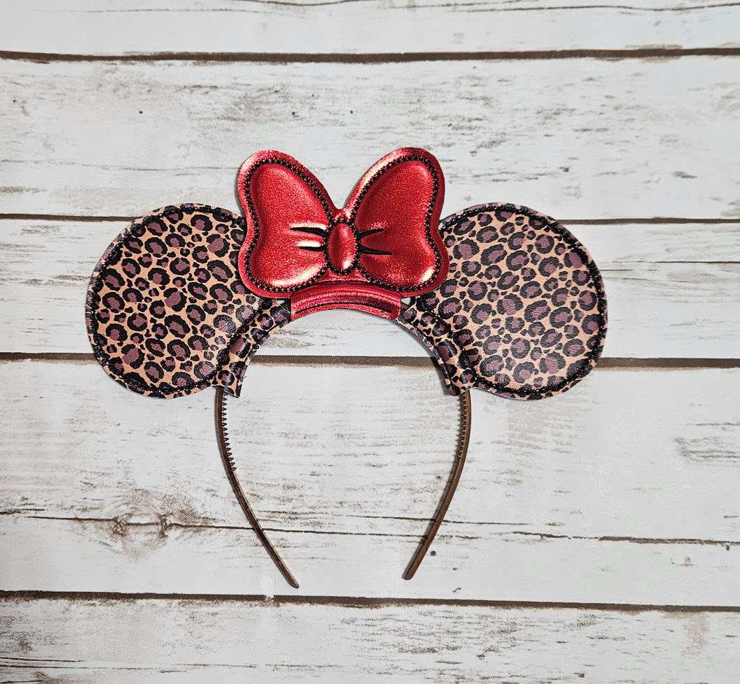 Interchangeable Ears with Bow - Cheetah Print with Red Shimmer Bow