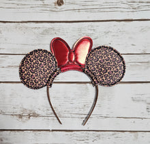 Load image into Gallery viewer, Interchangeable Ears with Bow - Cheetah Print with Red Shimmer Bow
